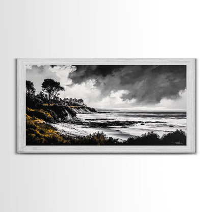Stormy Coast, Dramatic Sky, Black and White Seascape, Framed Canvas Print, Coastal Wall Art, Large Landscape, Entryway Decor, Moody Art