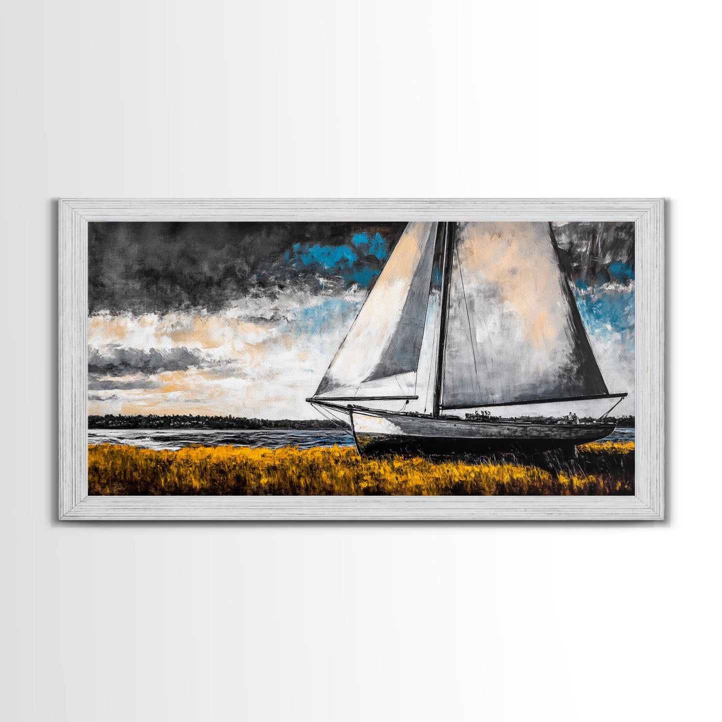 Sailboat Painting, Coastal Nautical, Black and White Boat, Framed Canvas Print, Maritime Decor, Living Room Wall Art, Classic Style