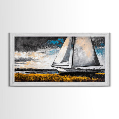 Sailboat Painting, Coastal Nautical, Black and White Boat, Framed Canvas Print, Maritime Decor, Living Room Wall Art, Classic Style