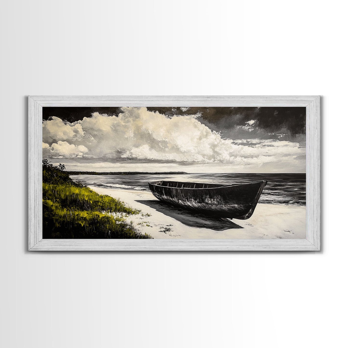 Abandoned Boat, Black White, Seaside Art, Framed Canvas Print, Rustic Beach Decor, Nautical Wall Art, Coastal Print, Office Decor