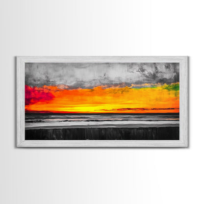Coastal Sunset, Ocean Horizon, Bold Colors, Black and White Contrast, Modern Abstract, Warm Tones, Large Wall Art, Framed Canvas Print ?