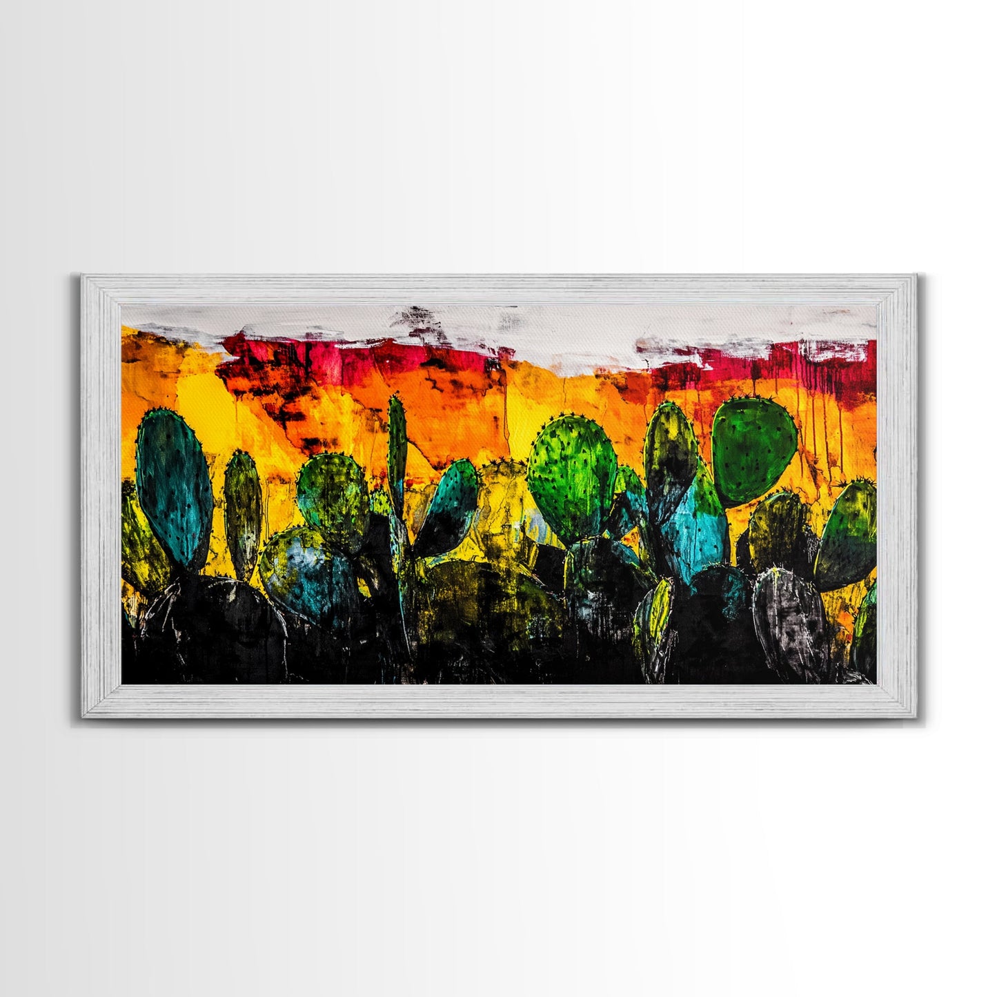 Cactus, Bold Colors, Desert, Vibrant, Framed Canvas Print, Southwest Wall Art, Boho Decor, Modern Abstract Painting, Nature Inspired