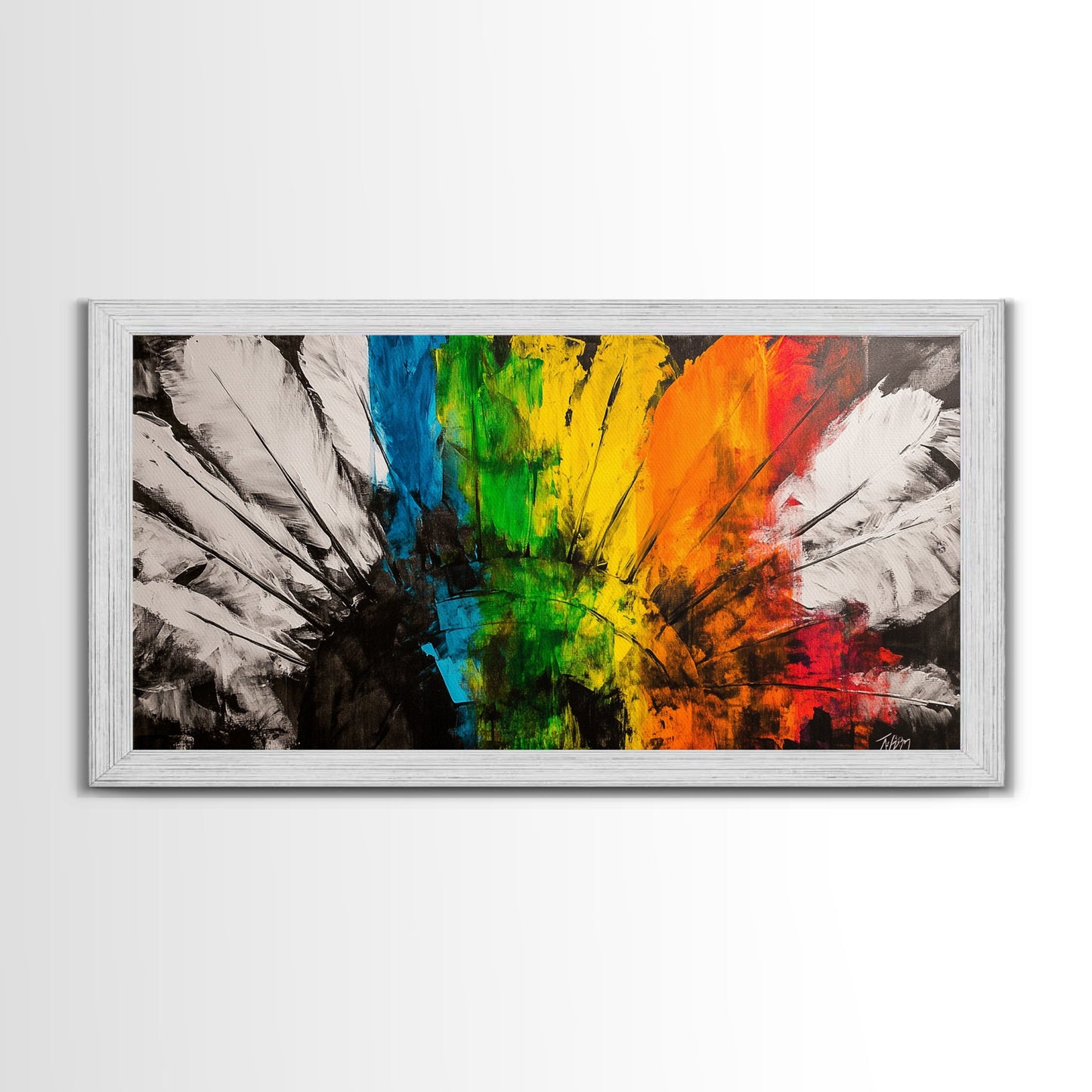 Rainbow Feathers, Colorful Abstract Art, Boho Wall Decor, Native American Inspired, Framed Canvas Print, Large Wall Art