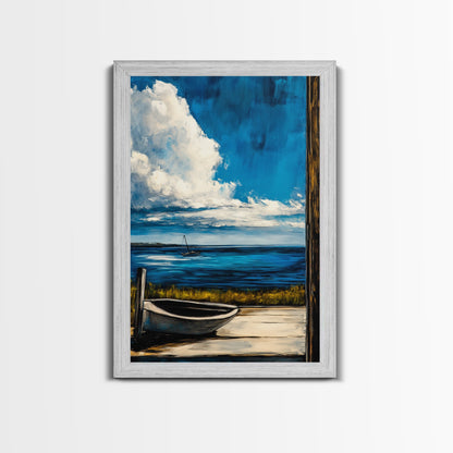 Seaside Serenity, Wooden Dock, Tranquil View, Framed Canvas Print, Ocean Wall Art, Coastal Living, Beach House Decor, Nautical Aesthetic