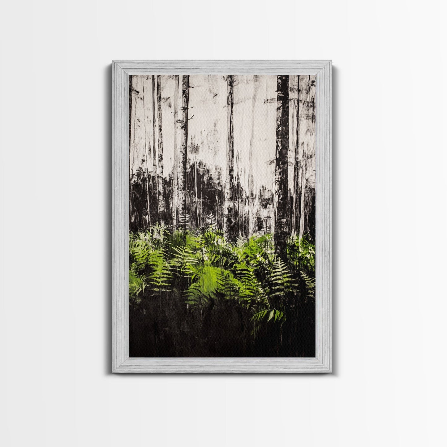 Forest Ferns, Green Botanical Art, Woodland Nature Print, Minimalist Home Decor, Black and White Wall Art, Framed Canvas Print