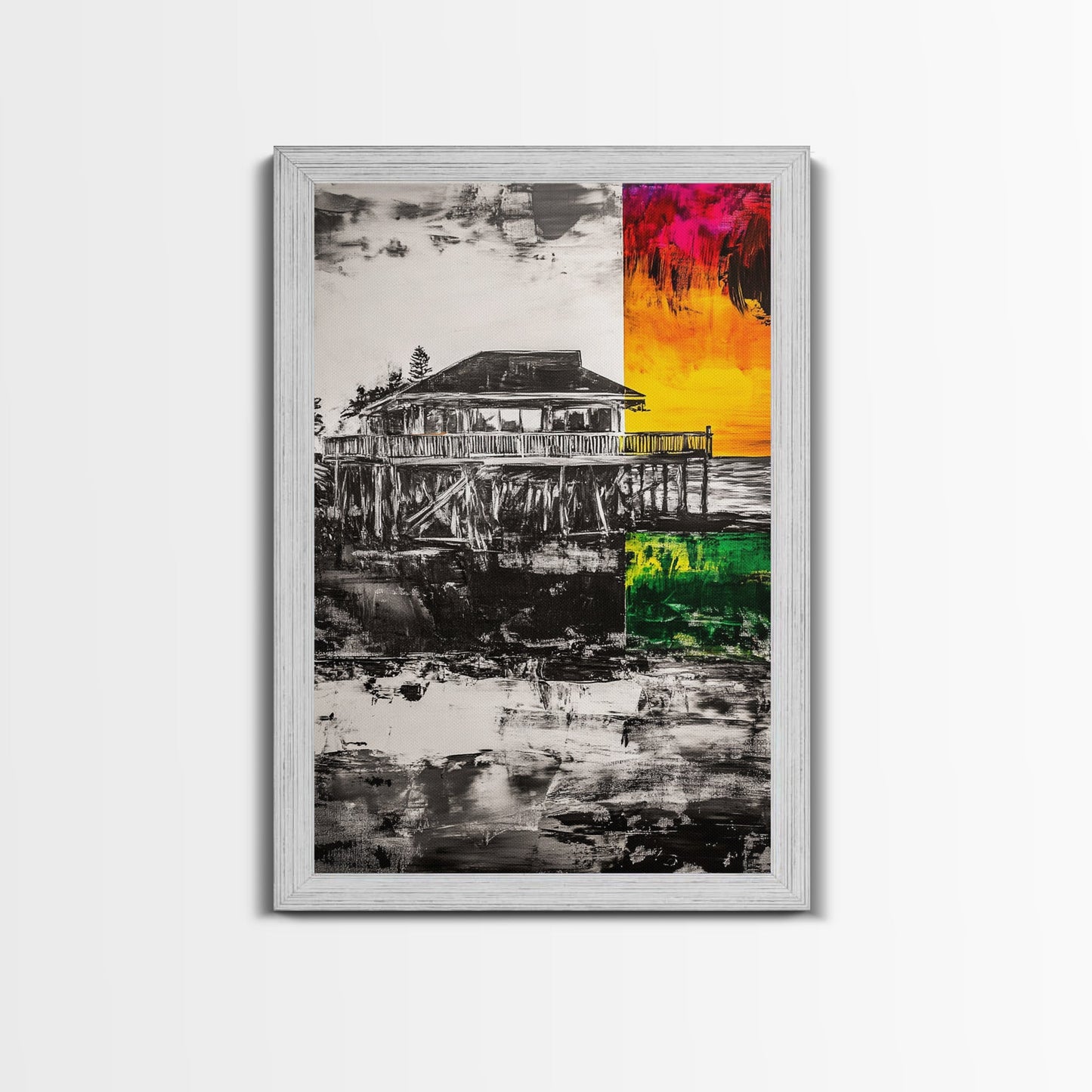 Pier House, Sunset Painting, Coastal Decor, Beach House Art, Framed Canvas Print, Living Room Wall Art, Nautical Theme, Abstract Home Decor