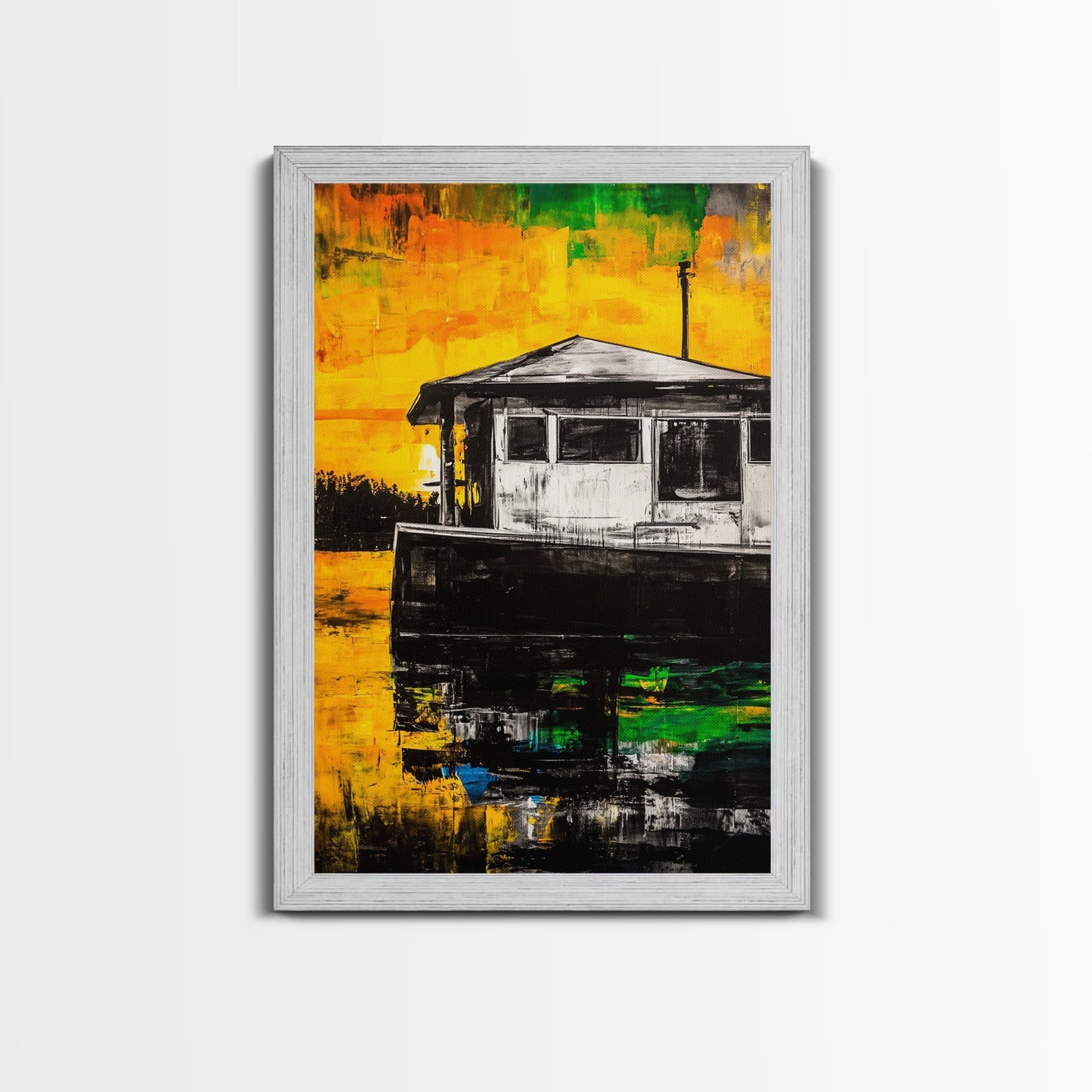 Houseboat Sunset, Coastal Painting, Warm Tones, Abstract Art, Framed Canvas Print, Living Room Wall Art, Waterfront Decor, Ocean Art