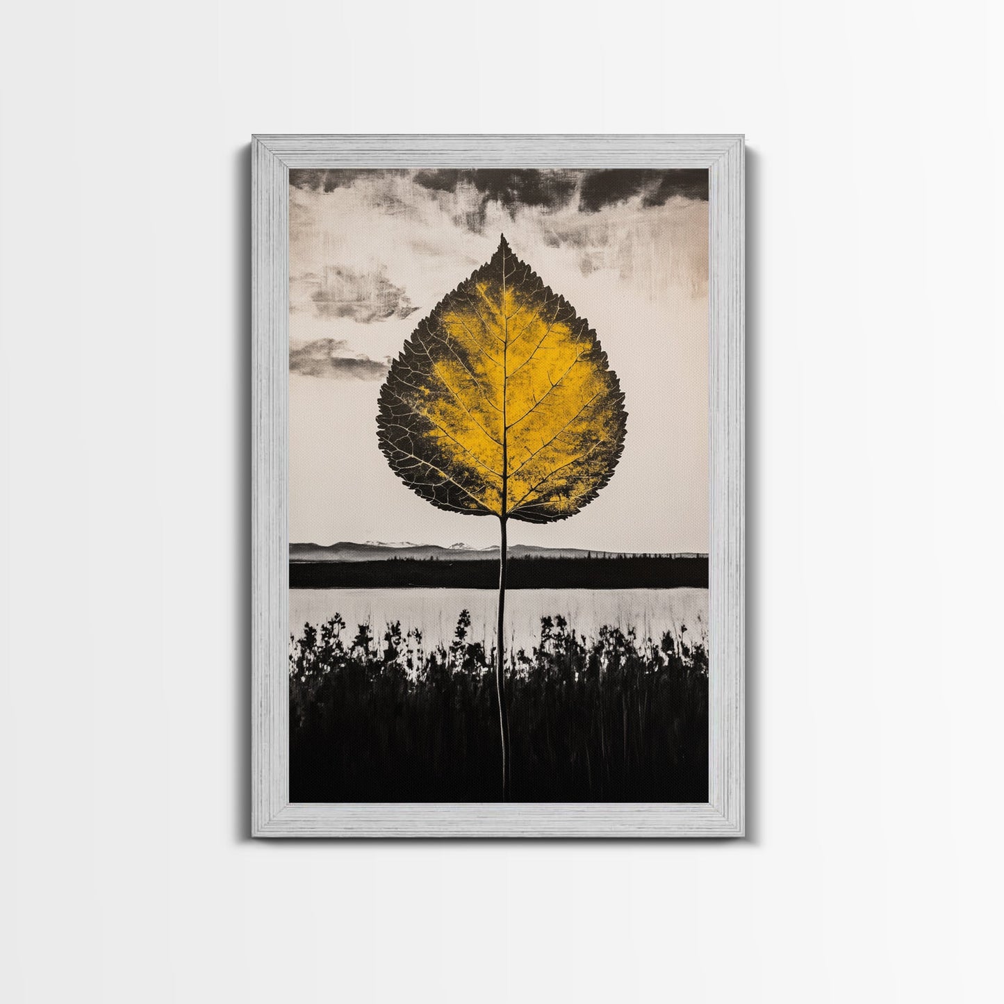 Golden Leaf, Minimalist Nature, Autumn Wall Art, Botanical Decor, Framed Canvas Print, Living Room Art, Black and White, Nature Print