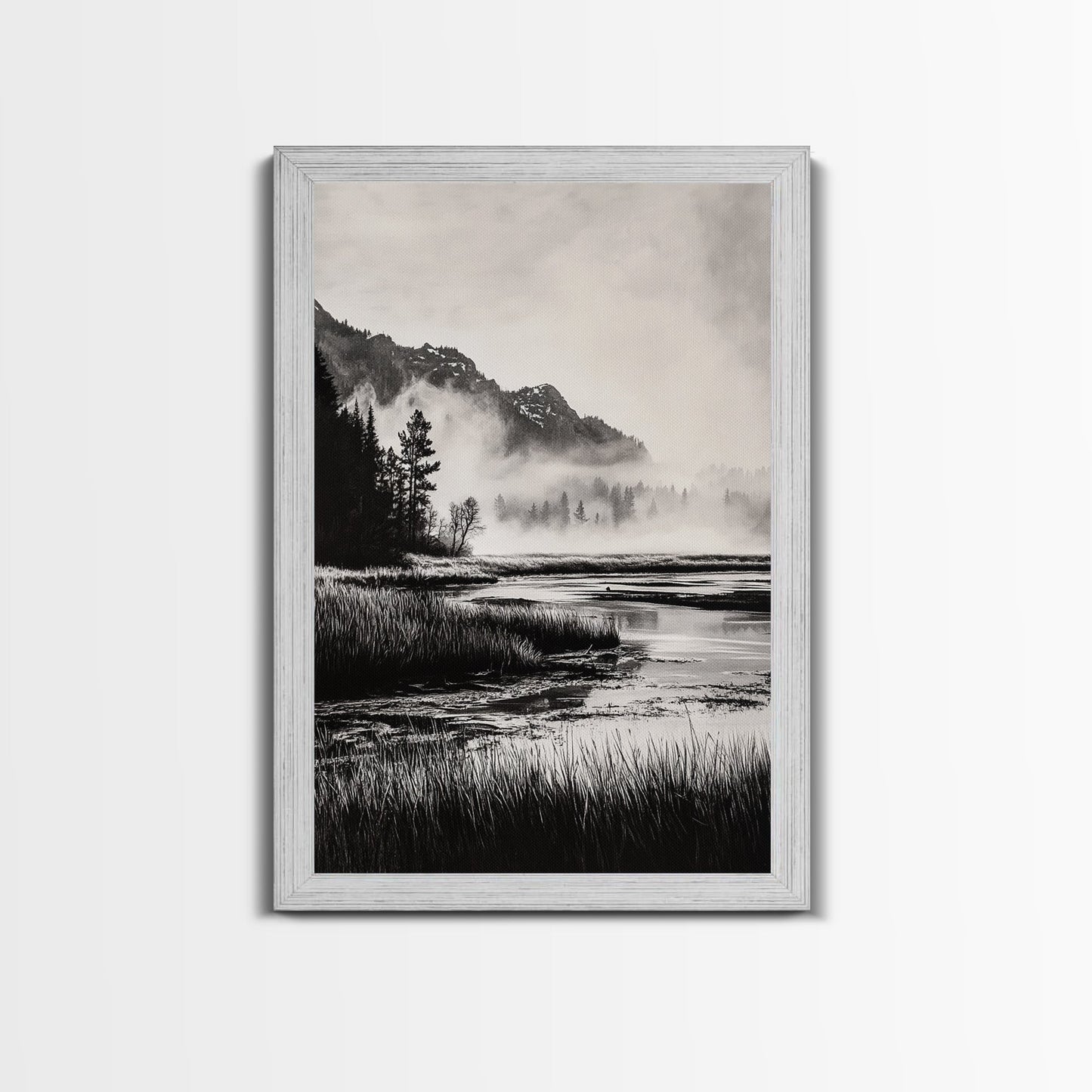 Foggy Forest, Monochrome Wall Art, Nature Landscape, Tranquil Painting, Living Room Decor, Rustic Style, Framed Canvas Print