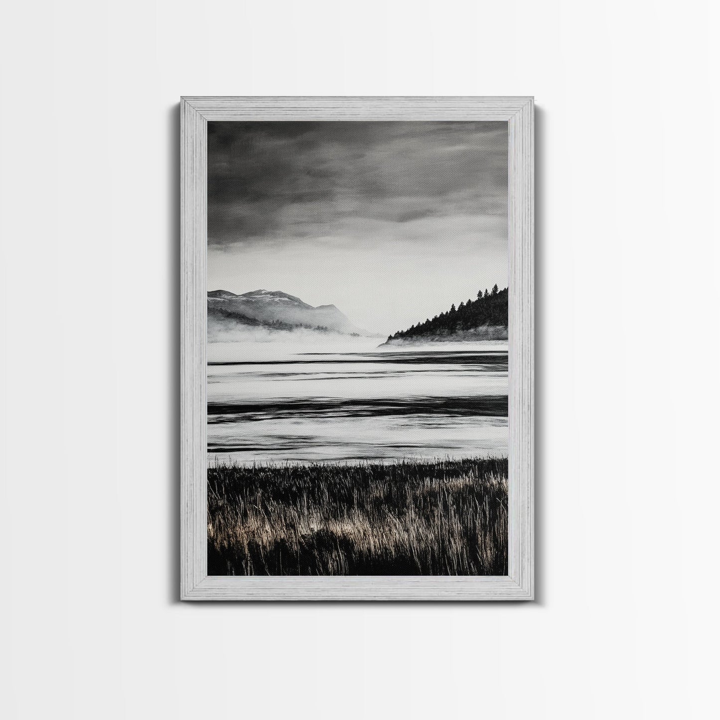 Serene Lake, Black and White Artwork, Misty Mountains, Nature Decor, Minimalist Landscape, Home Office Art, Canvas Print