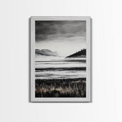 Serene Lake, Black and White Artwork, Misty Mountains, Nature Decor, Minimalist Landscape, Home Office Art, Canvas Print