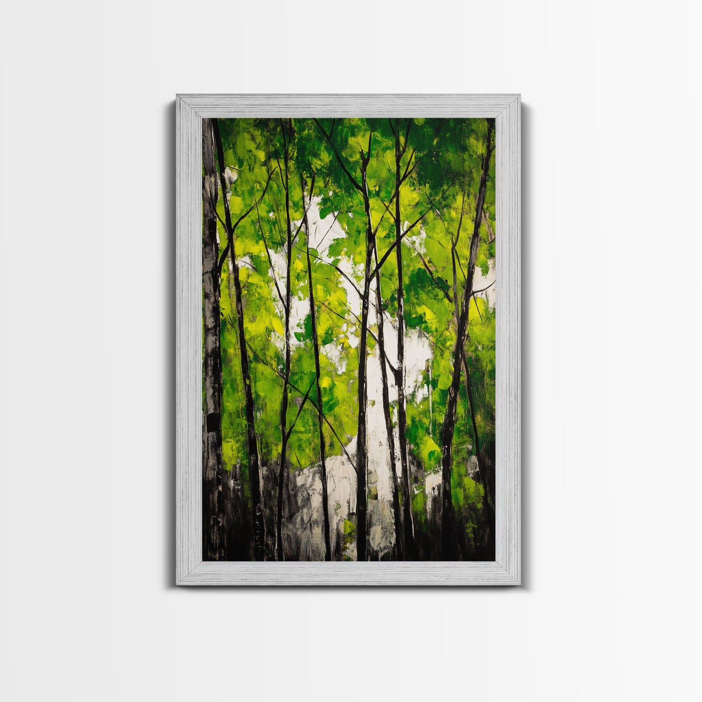 Birch Trees, Green Forest Art, Nature Landscape, Abstract Painting, Contemporary Wall Decor, Earthy Home Art, Framed Canvas Print