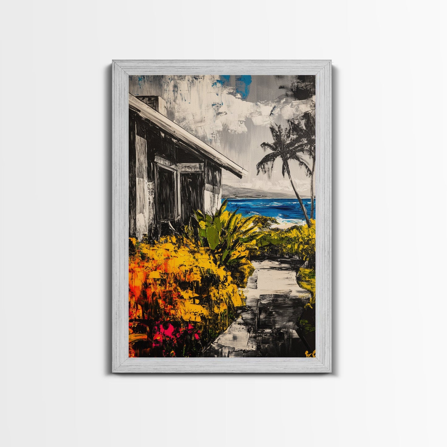 Beach House Path, Black White Coastal Art, Yellow Green Foliage, Tropical Landscape, Ocean Wall Decor, Beach Home, Framed Canvas Print