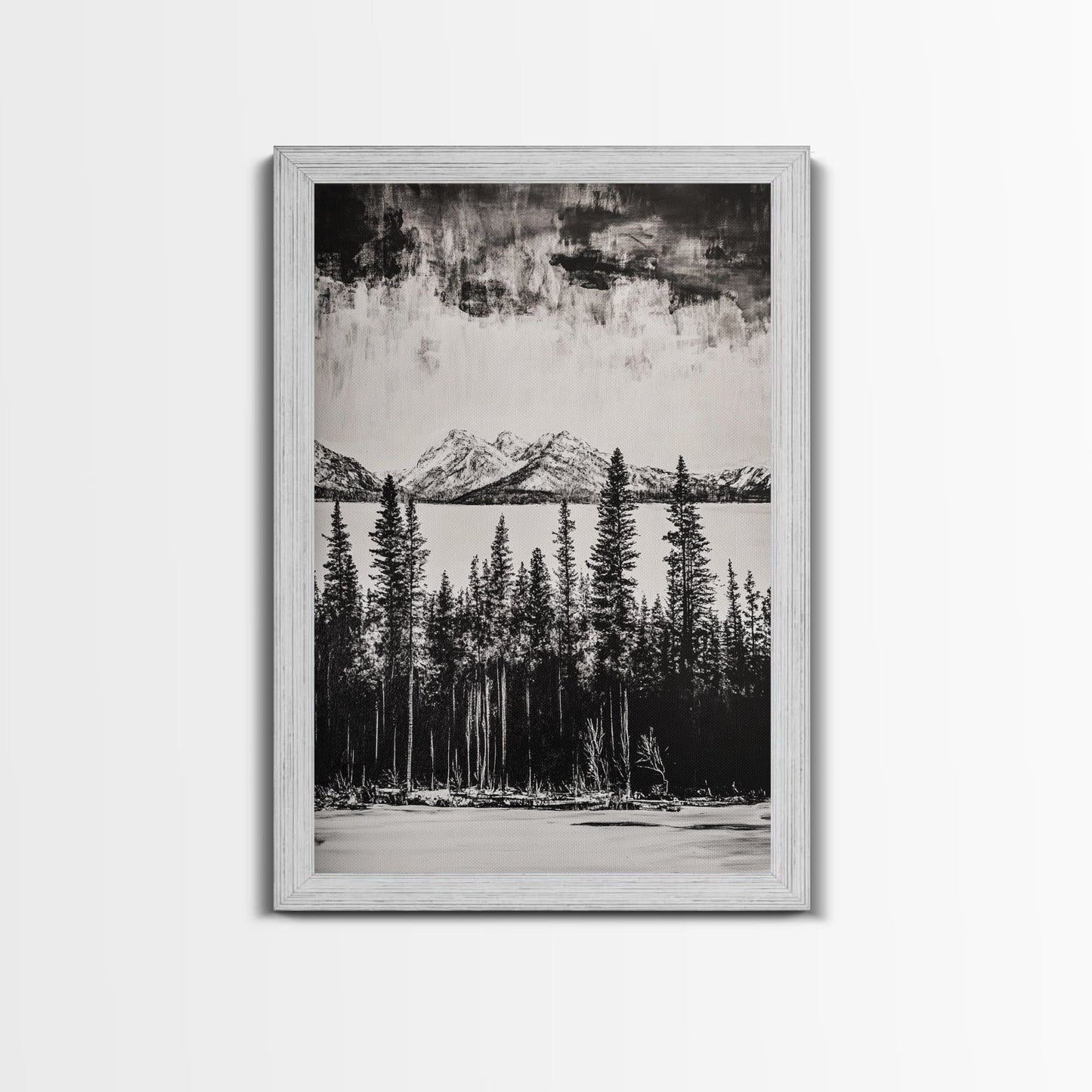 Mountain Serenity, Black and White Landscape, Nature Art, Tranquil Home Decor, Minimalist Painting, Office Artwork, Framed Canvas Print