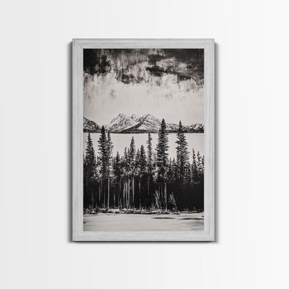 Mountain Serenity, Black and White Landscape, Nature Art, Tranquil Home Decor, Minimalist Painting, Office Artwork, Framed Canvas Print