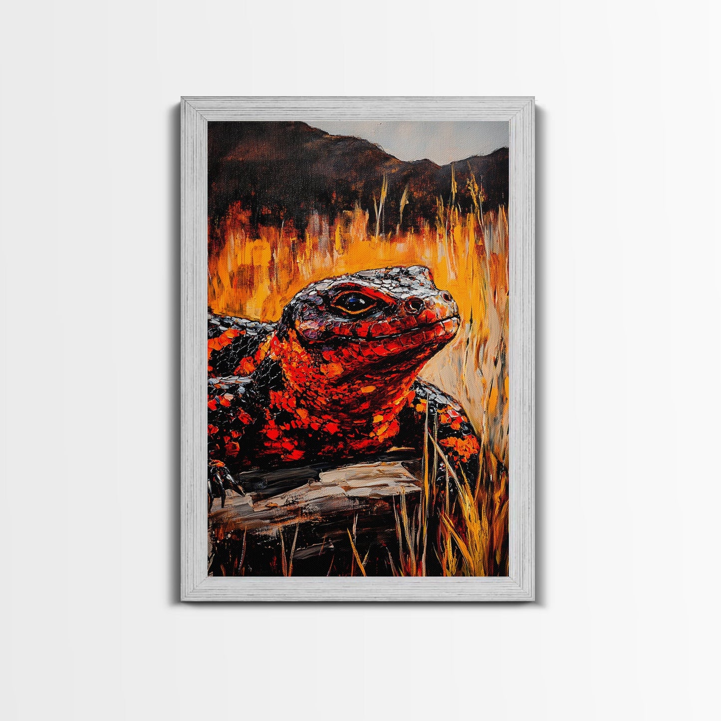 Fiery Lizard, Wildlife Art, Reptile Painting, Nature Wall Art, Rustic Decor, Warm Tones, Fall Wall Art, Living Room Art, Framed Canvas Print
