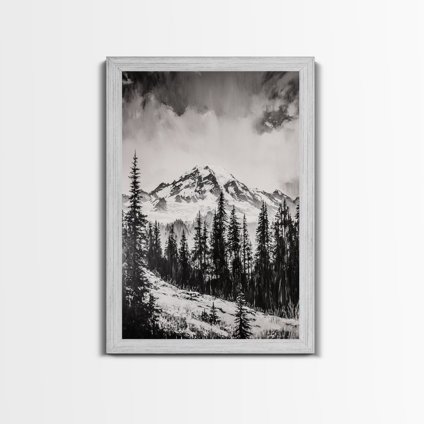 Snowy Peak, Mountain Landscape, Monochrome Art, Winter Wall Art, Nature Inspired, Rustic Wall Decor, Large Wall Art, Framed Canvas Print