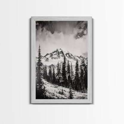Snowy Peak, Mountain Landscape, Monochrome Art, Winter Wall Art, Nature Inspired, Rustic Wall Decor, Large Wall Art, Framed Canvas Print