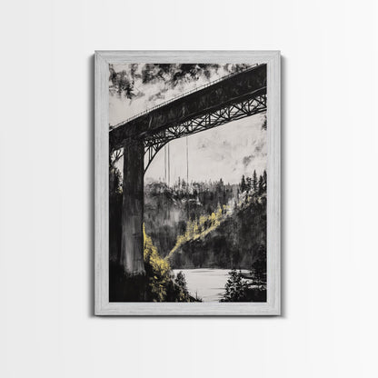 Steel Bridge, Industrial Wall Art, Black and White Landscape, Cityscape Art, Rustic Metal, Loft Style, Office Wall Art, Framed Canvas Print