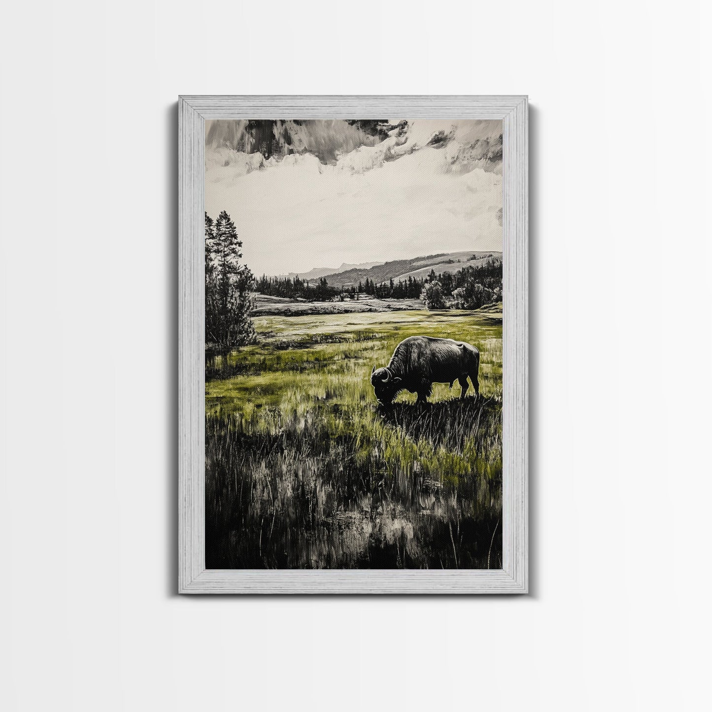 Grazing Bison, Wildlife Art, Rustic Home Decor, Nature Inspired, Western Landscape, Monochrome Art, Cabin Wall Art, Framed Canvas Print