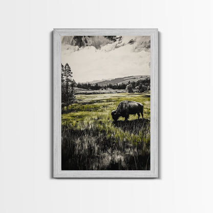 Grazing Bison, Wildlife Art, Rustic Home Decor, Nature Inspired, Western Landscape, Monochrome Art, Cabin Wall Art, Framed Canvas Print