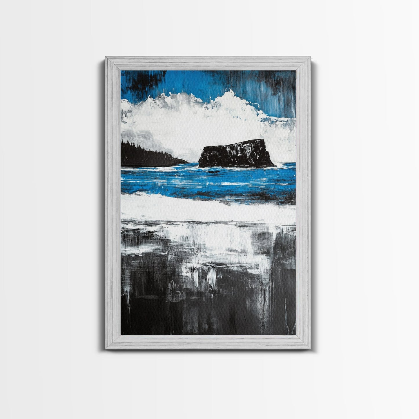 Ocean Cliff Seascape, Moody Coastal Art, Black White Blue Water, Modern Minimalist Wall Decor, Nautical Home Gift, Framed Canvas Print
