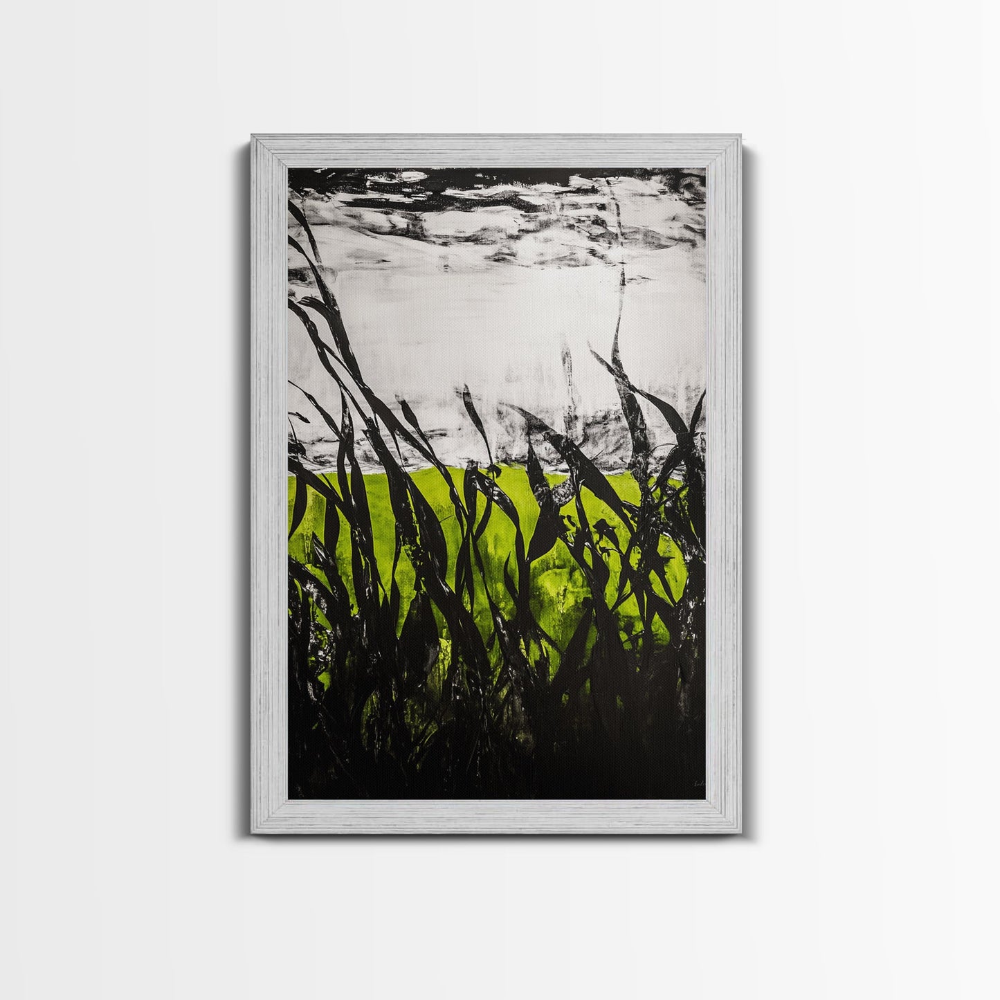 Minimalist Grass Field, Black White Green Nature Art, Abstract Farmhouse Wall Decor, Modern Simple Landscape, Framed Canvas Print