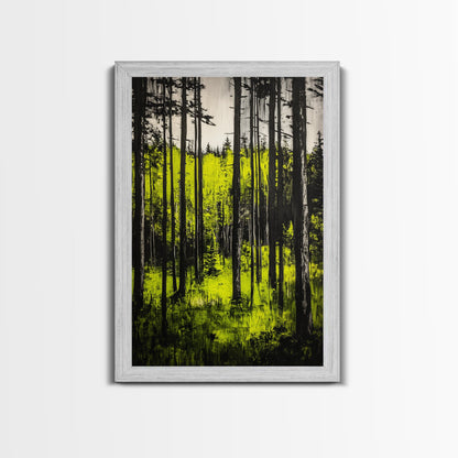 Forest Sunlight, serene nature painting, lush green forest, peaceful landscape wall art, calming home decor, framed canvas print, cabin art