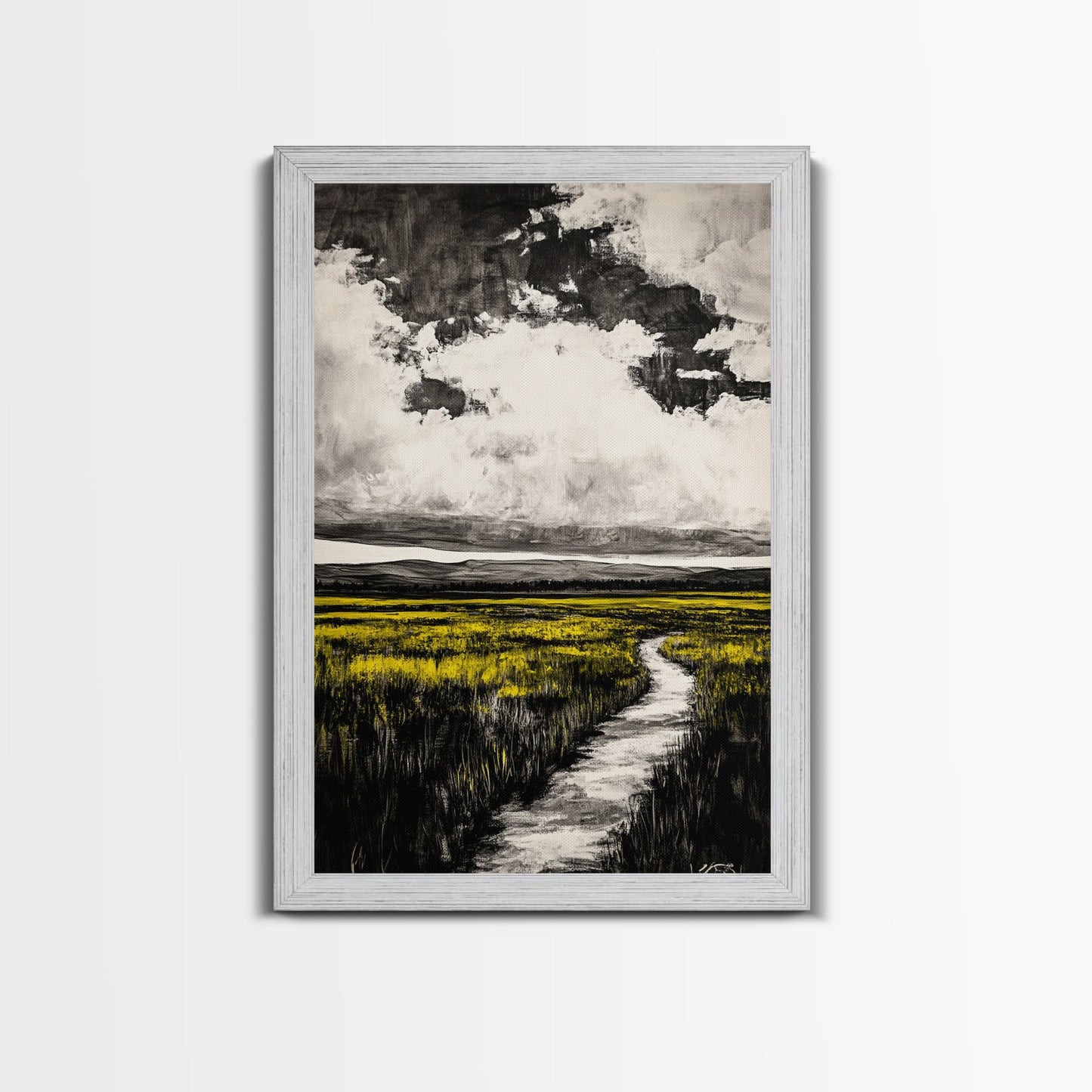 Field Pathway, dreamy landscape painting, country road art, scenic nature wall decor, calming yellow tones, framed canvas print, entryway