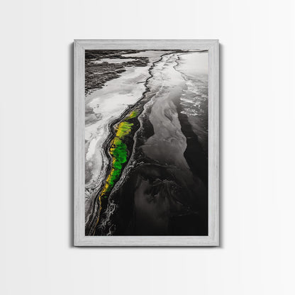 Abstract River, Nature Landscape, Modern Wall Art, Monochrome Print, Green Accents, Contemporary Art, Framed Canvas Print, Office Wall Decor