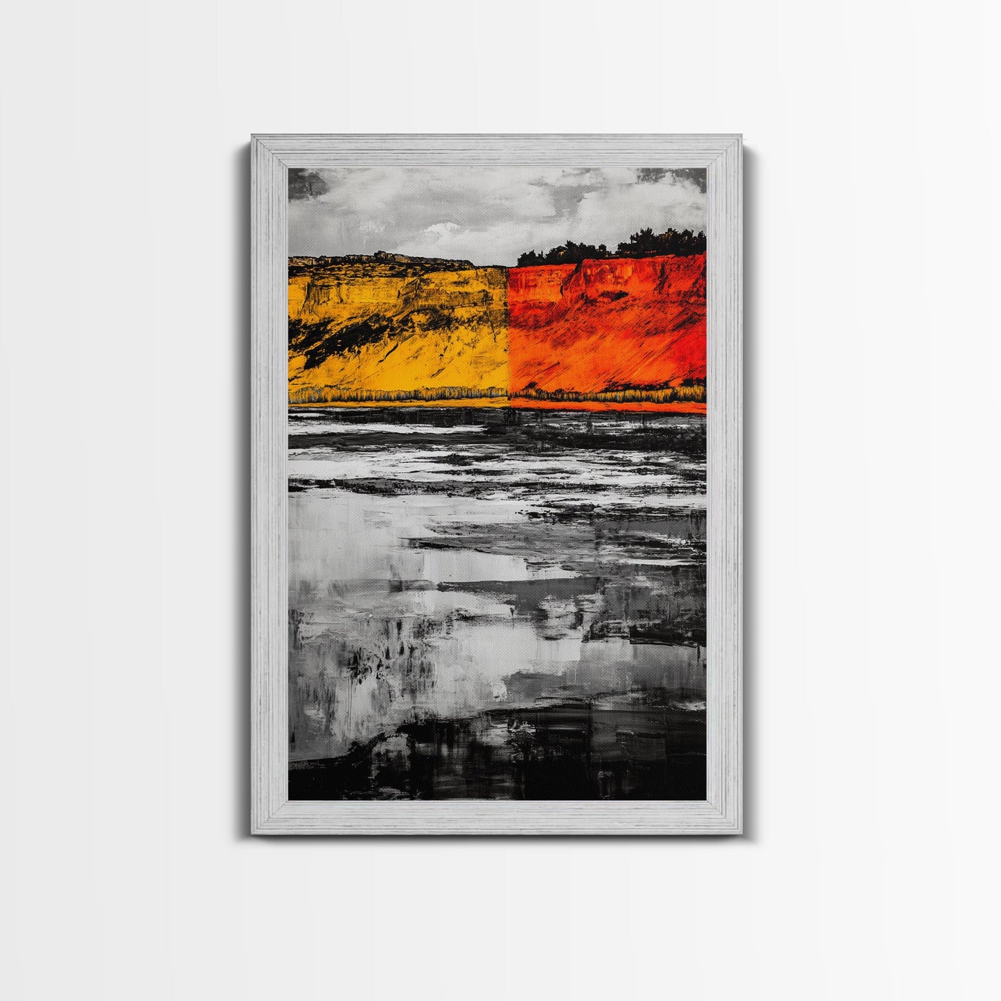 Autumn Cliffs, Seasonal Landscape, Fall Wall Art, Rustic Nature Print, Bold Orange and Yellow, Framed Canvas Print, Living Room Decor