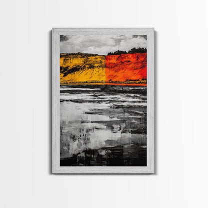 Autumn Cliffs, Seasonal Landscape, Fall Wall Art, Rustic Nature Print, Bold Orange and Yellow, Framed Canvas Print, Living Room Decor