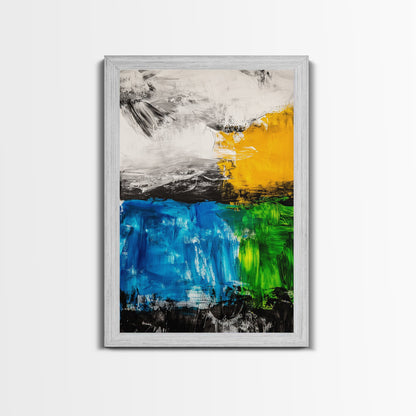 Abstract Landscape, Blue and Yellow Modern Painting, Minimalist Nature Art, Framed Canvas Print, Living Room or Office Wall Decor