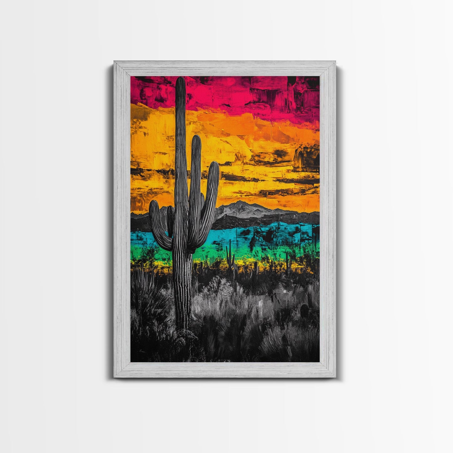 Desert Cactus, Vibrant Sunset Southwest Painting, Bold Desert Art, Framed Canvas Print, Western Home or Office Wall Decor