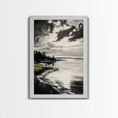 Moody Landscape, Black and White Art, Dramatic Sky, Coastal Scene, Nature Painting, Modern Home Decor, Minimalist Style, Framed Canvas Print