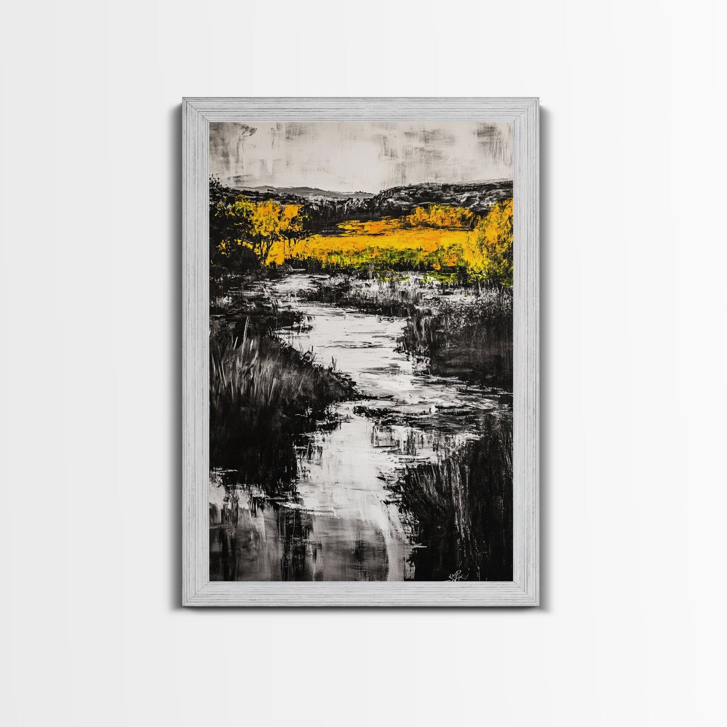 Black White Landscape, Yellow Trees, River Stream Art, Rustic Farmhouse Decor, Modern Nature Wall Art, Bedroom Wall Decor, Canvas Print