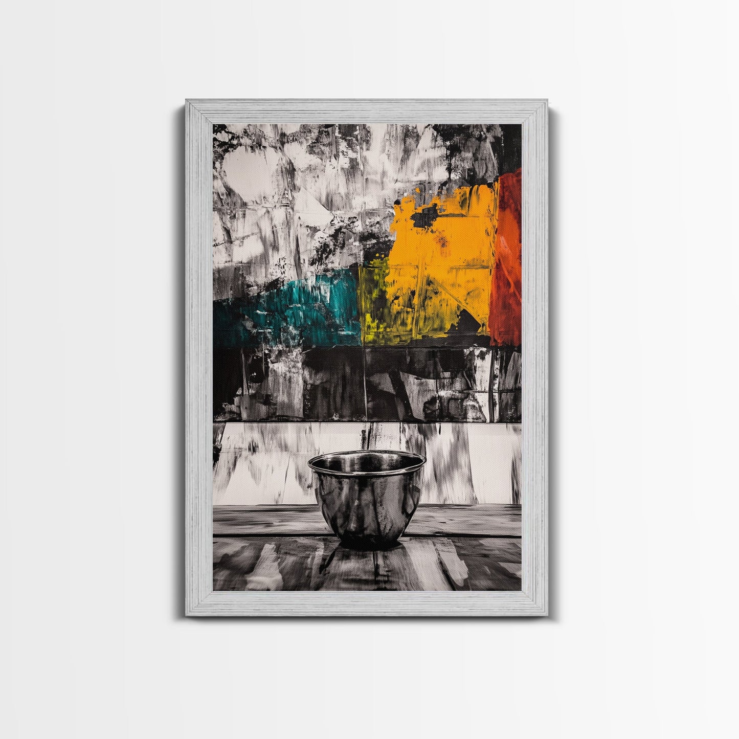 Metal Bowl, Industrial Kitchen Art, Abstract Still Life, Black and White Wall Decor, Modern Framed Canvas Print, Minimalist Aesthetic