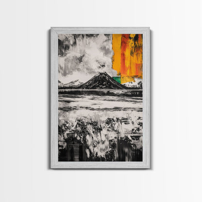 Volcano Landscape, Abstract Nature Art, Bold Modern Painting, Framed Canvas Print, Monochrome Mountains, Adventure Wall Decor