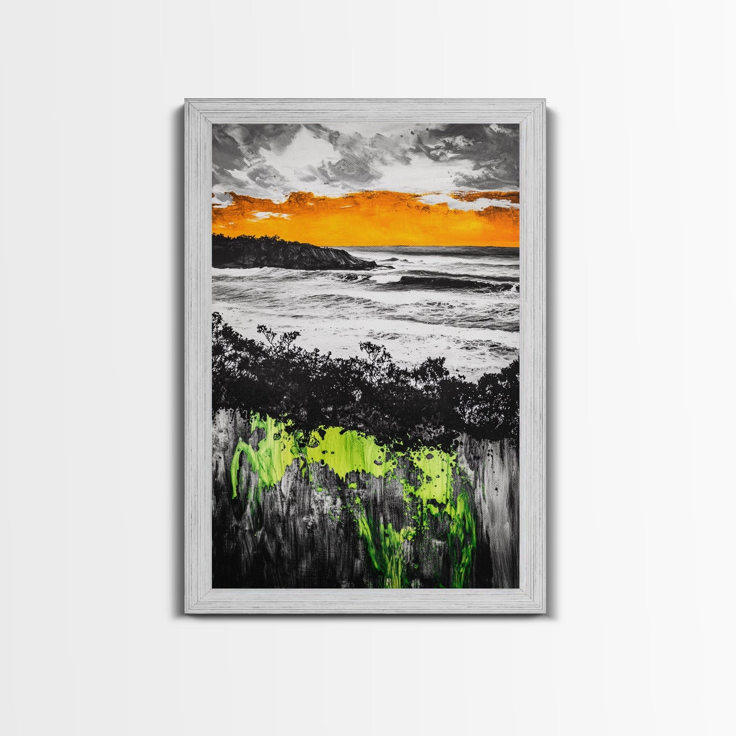 Sunset Ocean, Coastal Wall Art, Black White Seascape, Framed Canvas Print, Beach House Decor, Dramatic Sky, Nautical Artwork