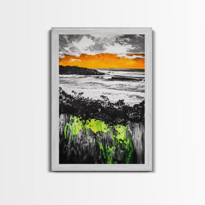 Sunset Ocean, Coastal Wall Art, Black White Seascape, Framed Canvas Print, Beach House Decor, Dramatic Sky, Nautical Artwork