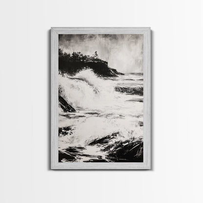 Ocean Waves, Seascape Painting, Framed Canvas Print, Beach House Decor, Nautical Wall Art, Black and White Art, Coastal Living Room