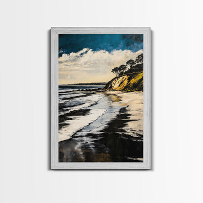Sunset Beach, Cliffside View, Ocean Landscape, Nature Wall Art, Framed Canvas Print, Coastal Home Decor, Golden Hour, Serene Scene