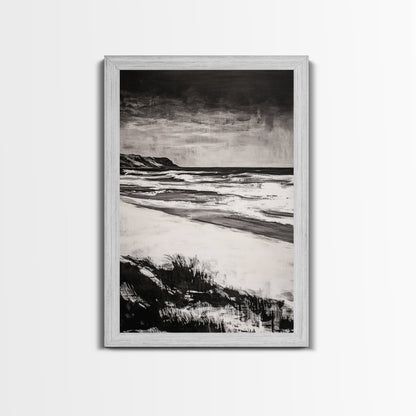 Black and White Beach, Stormy Ocean, Dramatic Seascape, Moody Wall Art, Framed Canvas Print, Minimalist Decor, Coastal Storm