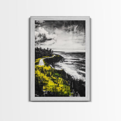 Coastal Road, Ocean View, Yellow Grass, Canvas Print, Scenic Landscape, Rustic Wall Art, Beach House Decor, Nature Painting