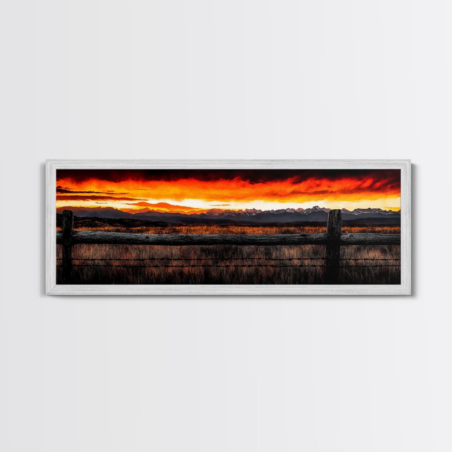 Western Sunset, Mountain Landscape Print, Rustic Cowboy Art, Dramatic Sky Painting, Country Wall Decor, Framed Canvas Print, Large Wall Art
