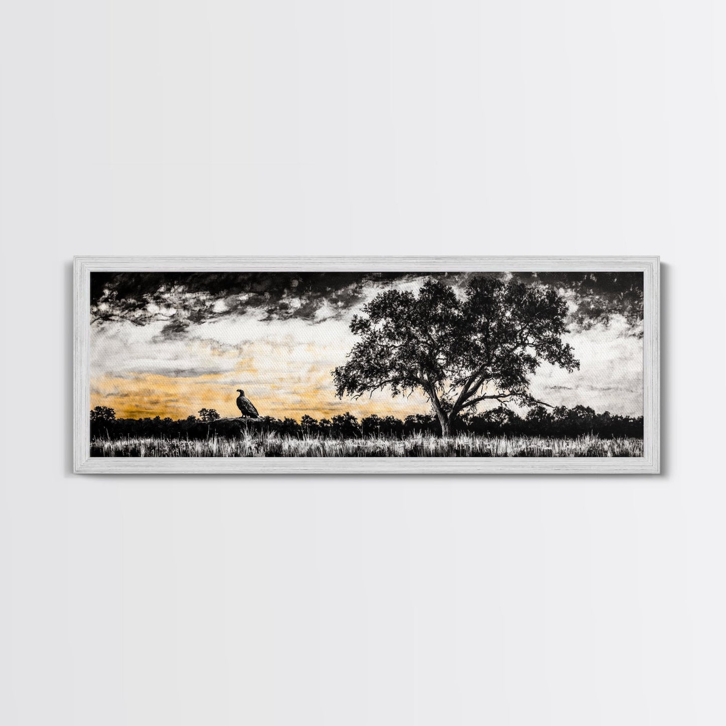 Lone Eagle and Tree, Dramatic Sunset Art, Wildlife Wall Decor, Rustic Nature Print, Framed Canvas Print, Office or Living Room Art