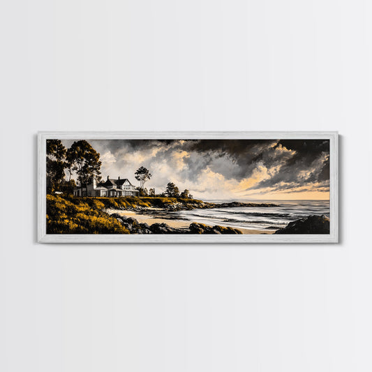 Ocean Cottage, Coastal Retreat, Beach House Painting, Scenic Landscape, Framed Canvas Print, Rustic Decor, Dining Room Wall Art