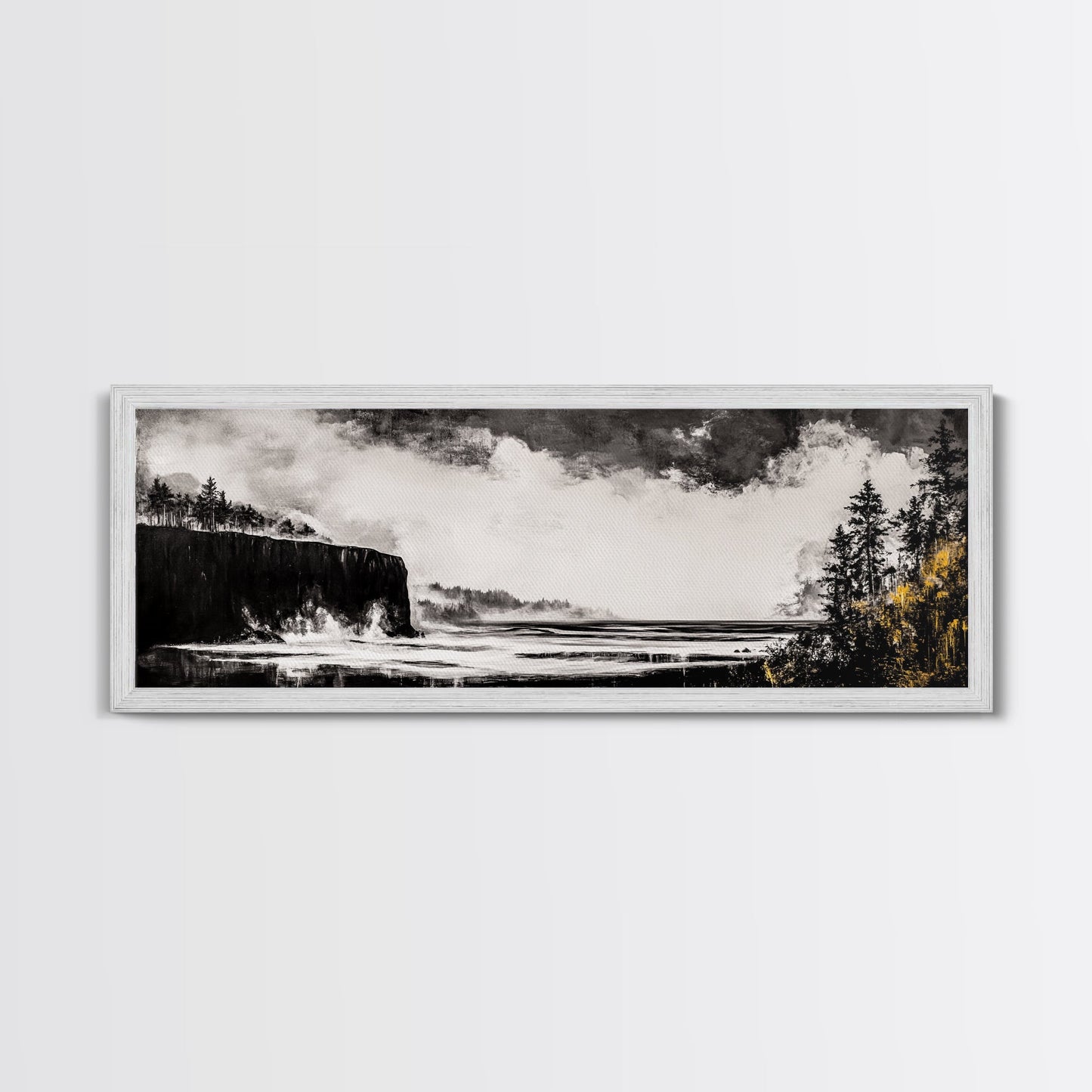 Steilküste, dramatisches Meerespanorama, stimmungsvolle Küste, monochrom, gerahmter Leinwanddruck, Küsten-Wandkunst, nautische Dekoration, großes Wandbild