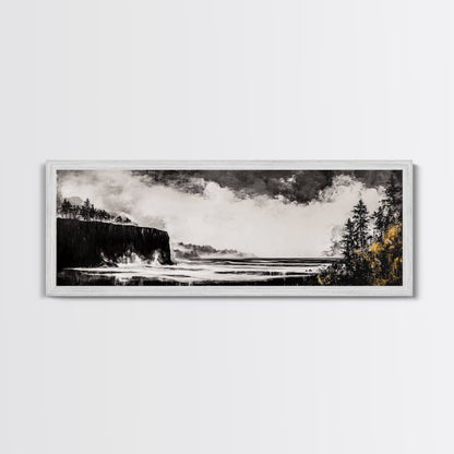 Steilküste, dramatisches Meerespanorama, stimmungsvolle Küste, monochrom, gerahmter Leinwanddruck, Küsten-Wandkunst, nautische Dekoration, großes Wandbild