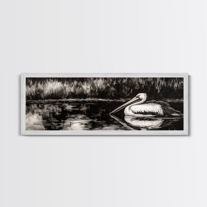 Pelican Reflection, Black White, Wildlife Art, Canvas Print, Nature Wall Art, Coastal Home Decor, Bird Lovers Gift, Monochrome Photography
